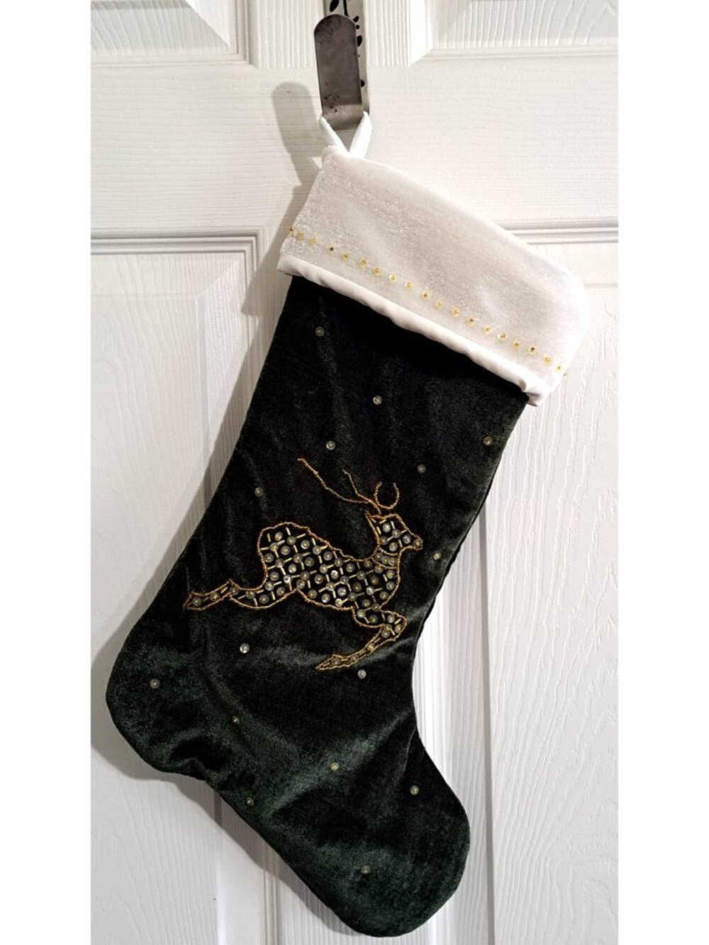 Unbranded Christmas Stocking Green Beaded Reindeer White Cuff New No Tags